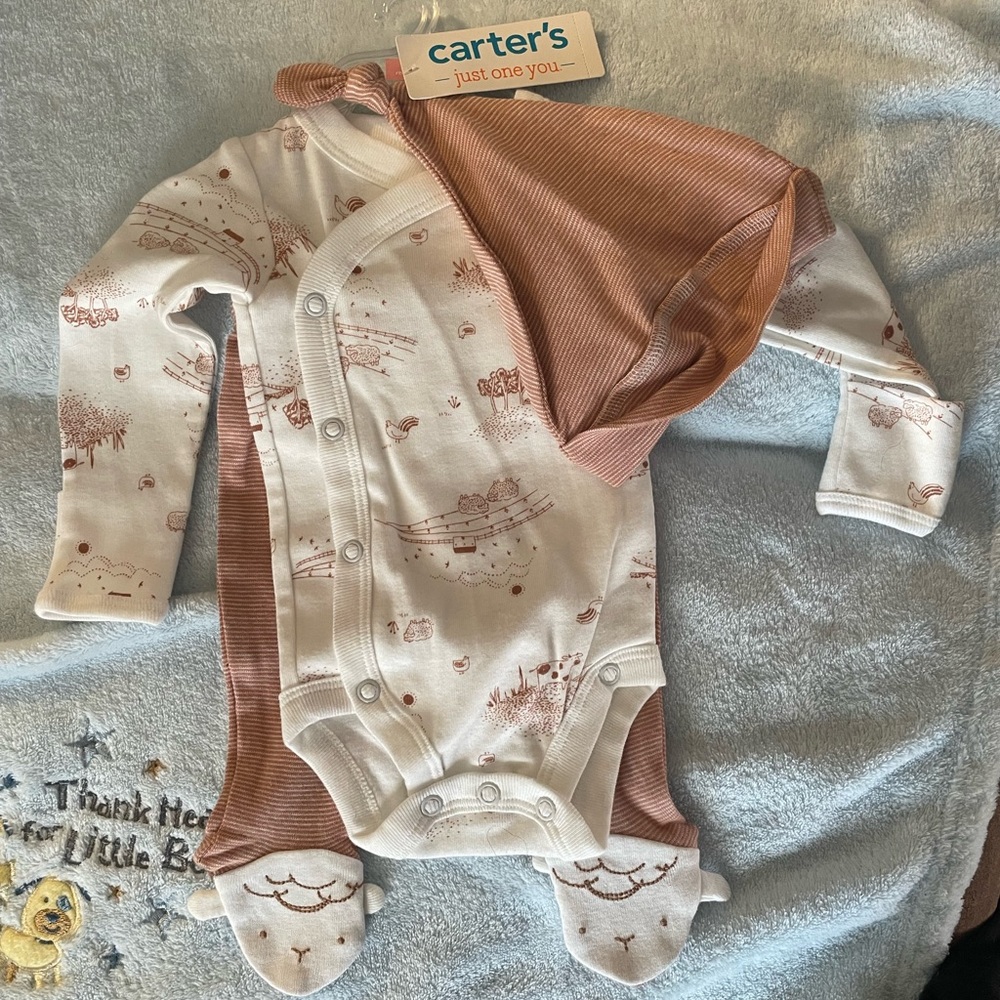 NWT Carters NB Just One You 3 piece set- hat, onesie, footed pant in rust/cream